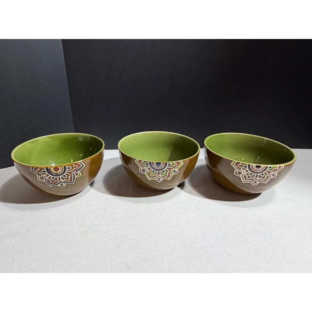 Pier 1 Imports Global Medallion Reactive Stoneware Cereal Bowls Set of 3 Green